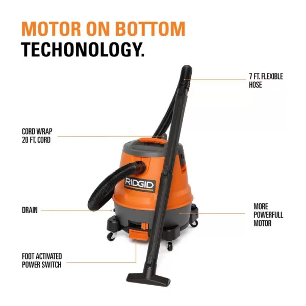 RIDGID 12 Gal. 6.5-Peak HP Motor-On-Bottom Wet/Dry Shop Vacuum with Fine Dust Filter, Hose and Accessories