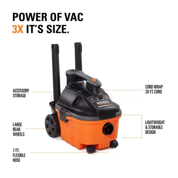 RIDGID 4 Gal. 5.0-Peak HP Portable Wet/Dry Shop Vacuum with Filter, Hose and Accessories