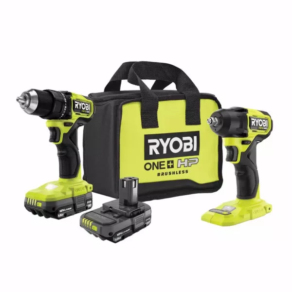 RYOBI ONE+ HP 18V Brushless Cordless Compact 1/2 in. Drill/Driver, 4-Mode 3/8 in. Impact Wrench, (2) 1.5 Ah Batteries, Charger