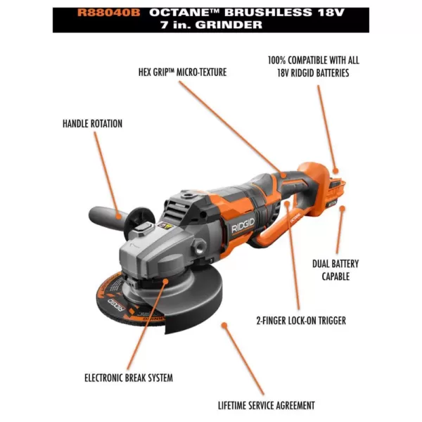 RIDGID 18-Volt OCTANE Cordless Brushless 7 in. Dual Angle Grinder (Tool Only)