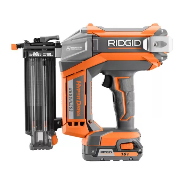 RIDGID 18-Volt Lithium-Ion Cordless Brushless HYPERDRIVE 18-Gauge 2-1/8 in. Brad Nailer, Battery, Charger, Belt Clip, Bag