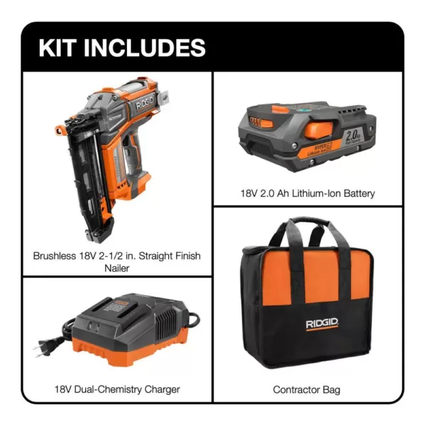 RIDGID 18-Volt Cordless Brushless HYPERDRIVE 16-Gauge 2-1/2 in Straight Finish Nailer, 2 Ah Battery, Charger, Belt Clip and Bag