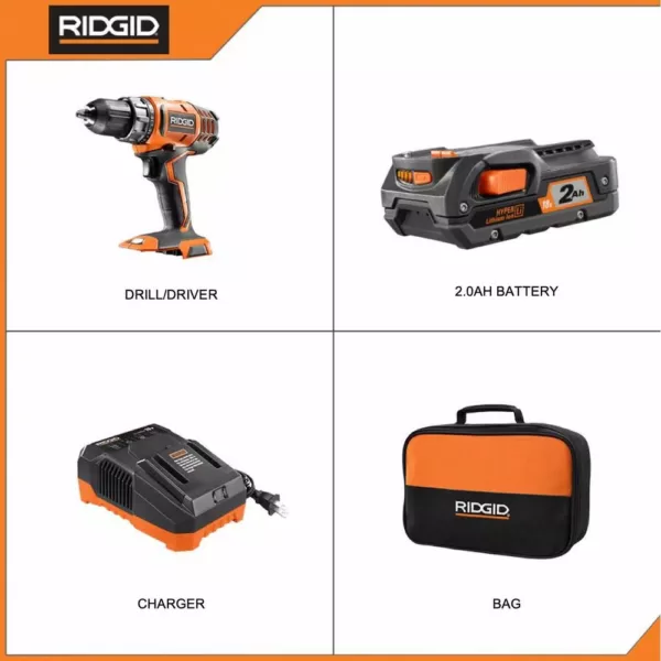 RIDGID 18-Volt Lithium-Ion Cordless 2-Speed 1/2 in. Compact Drill/Driver Kit with 2 Ah Battery, Charger, and Tool Bag