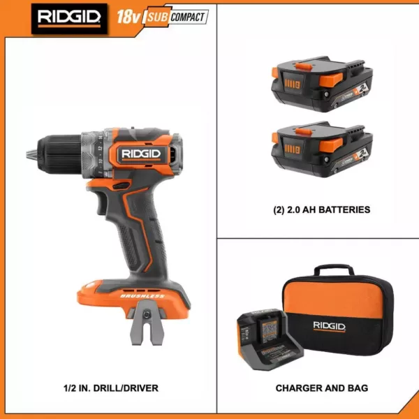 RIDGID 18V Brushless SubCompact Cordless 1/2 in. Drill Driver Kit with (2) 2.0 Ah Battery, Charger and Bag