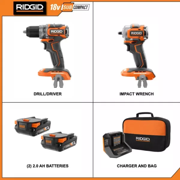 RIDGID 18V SubCompact Li-Ion Brushless 1/2 in. Drill Kit with 3/8 in. Impact Wrench, (2) 2.0 Ah Battery, Charger, and Bag