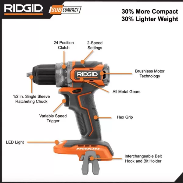 RIDGID 18V SubCompact Lithium-Ion Brushless Drill Kit, 3 in. Multi-Material Saw with (2) 2.0 Ah Batteries, Charger, and Bag