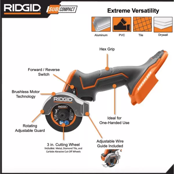 RIDGID 18V SubCompact Lithium-Ion Brushless Drill Kit, 3 in. Multi-Material Saw with (2) 2.0 Ah Batteries, Charger, and Bag