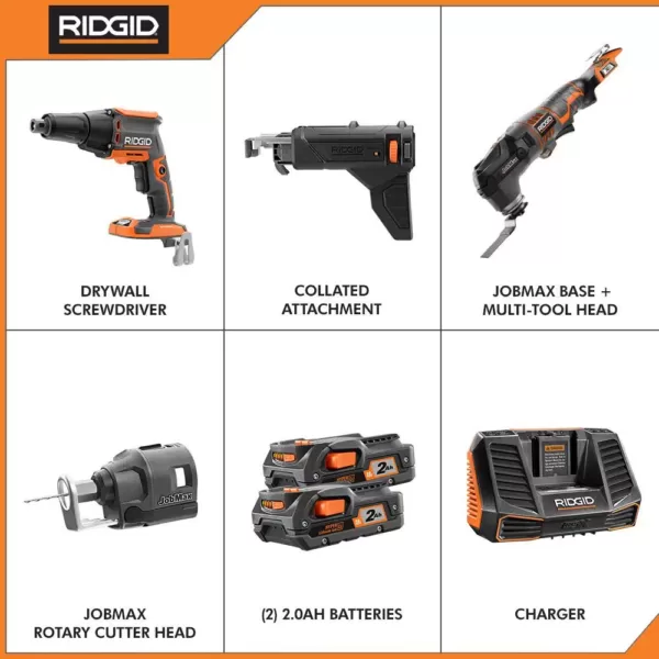 RIDGID 18-Volt Lithium-Ion Cordless Brushless Drywall Screwdriver with JobMax Multi-Tool, (2) 2.0 Ah Batteries, and Charger