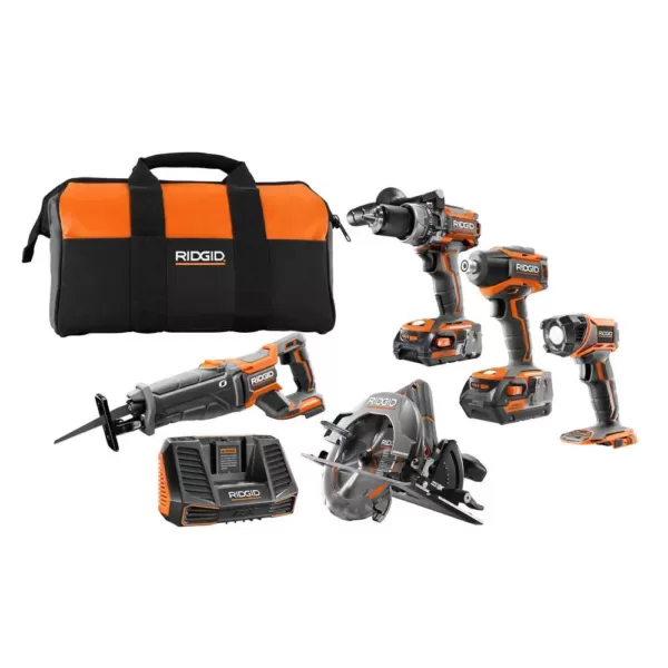 RIDGID 18-Volt Lithium-Ion Cordless Brushless 5-Tool Combo Kit with (1) 2.0 Ah and (1) 4.0 Ah Battery, 18-Volt Charger, and Bag