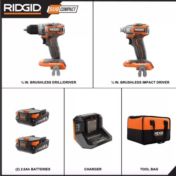 RIDGID 18V Brushless SubCompact Drill Driver and Impact Driver Combo Kit with (2) 2.0 Ah Batteries, Charger and Bag