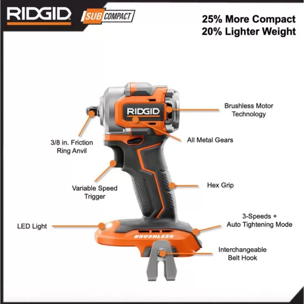 RIDGID 18V SubCompact Lithium-Ion Brushless 2-Tool Combo Kit with 3/8 in. Impact Wrench and 3 in. Multi-Material Saw