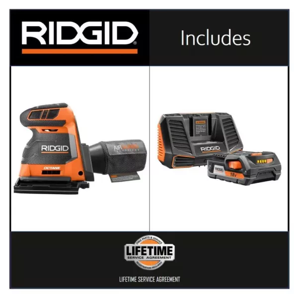 RIDGID 18-Volt OCTANE Cordless Brushless 3-Speed 1/4 Sheet Sander with 18-Volt 2.0 Ah Lithium-Ion Battery and Charger Kit