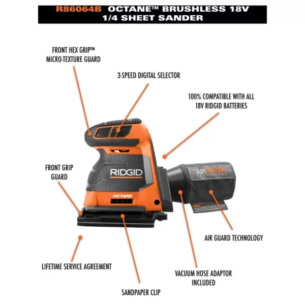 RIDGID 18-Volt OCTANE Cordless Brushless 3-Speed 1/4 Sheet Sander Kit with (1) OCTANE Bluetooth 3.0 Ah Battery and Charger