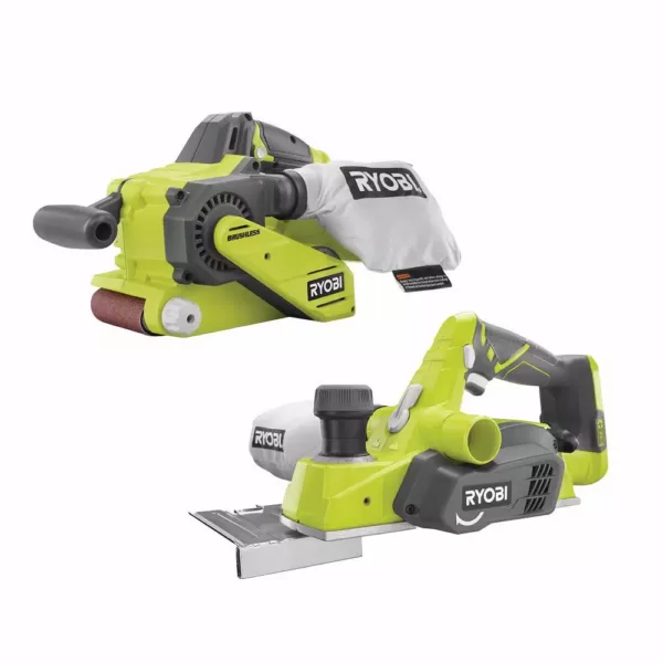 RYOBI 18-Volt ONE+ Lithium-Ion Brushless Cordless 3 in. x 18 in. Belt Sander and 3-1/4 in. Planer (Tools Only)