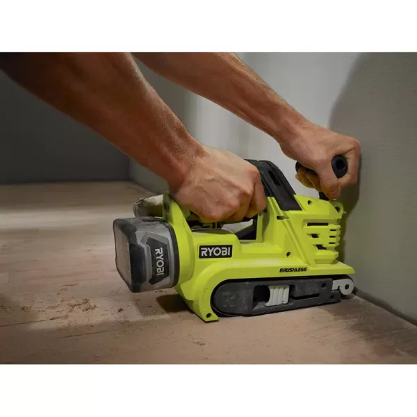 RYOBI 18-Volt ONE+ Cordless Brushless 3 in.x18 in. Belt Sander with Dust Bag and 80-Grit Sanding Belt with 16 ft. Tape Measure