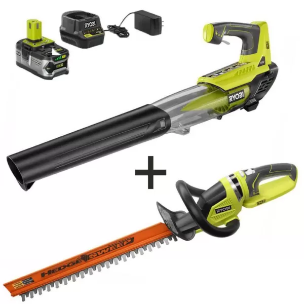 RYOBI ONE+ 100 MPH 280 CFM 18-Volt Lithium-Ion Cordless Jet Fan Leaf Blower and Hedge Trimmer with 4 Ah Battery and Charger