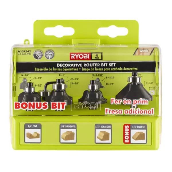 RYOBI 18-Volt ONE+ Cordless Fixed Base Trim Router with Decorative Router Bit Set (4-Piece)