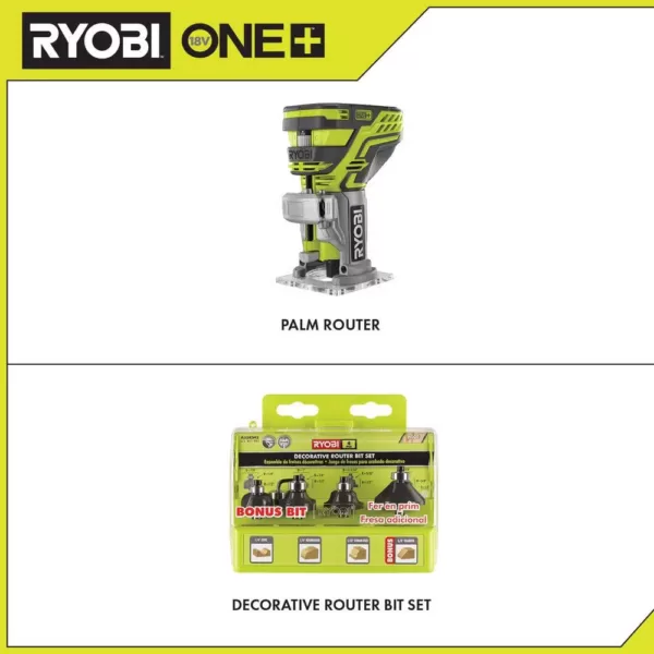 RYOBI 18-Volt ONE+ Cordless Fixed Base Trim Router with Decorative Router Bit Set (4-Piece)