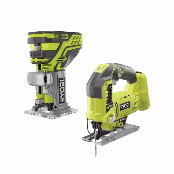 RYOBI 18-Volt ONE+ Lithium-Ion Cordless Fixed Base Trim Router w/Tool Free Depth Adjustment and Orbital Jig Saw (Tools Only)