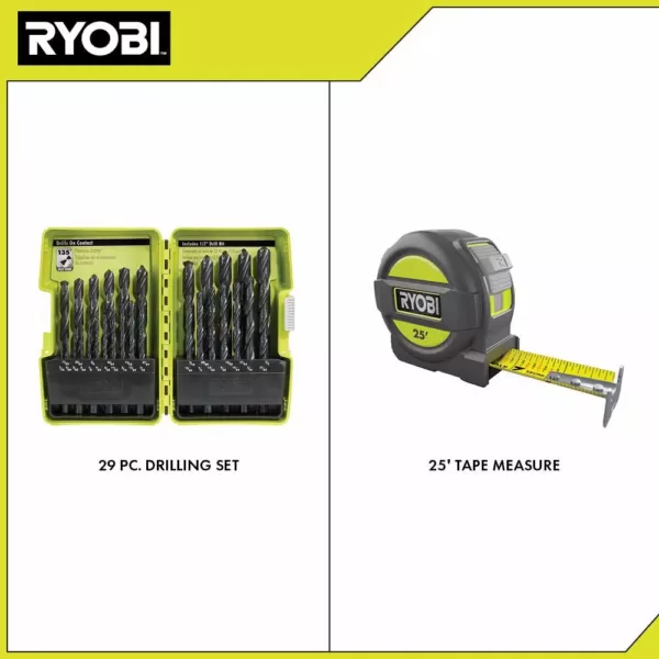 RYOBI Black Oxide Index Drill Bit Set (29-Piece) with BONUS 25FT Tape Measure