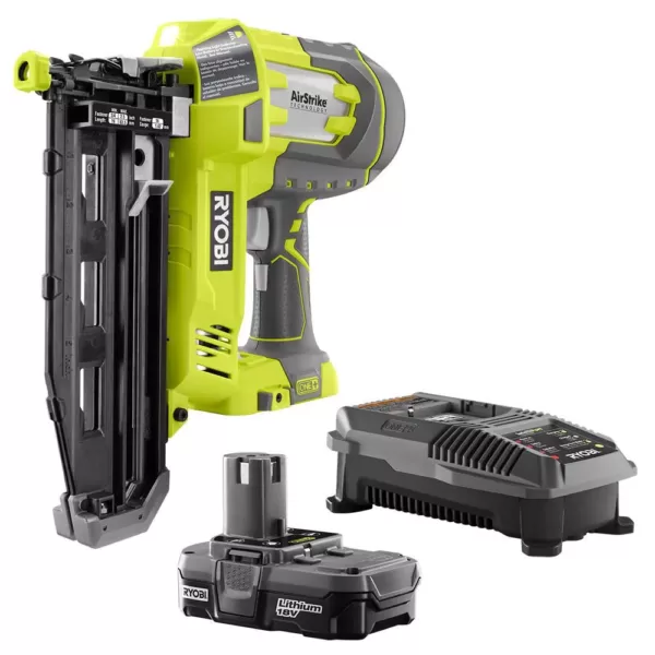 RYOBI 18-Volt ONE+ Lithium-Ion Cordless AirStrike 16-Gauge 2-1/2 in Straight Finish Nailer Kit with 1.3 Ah Battery and Charger