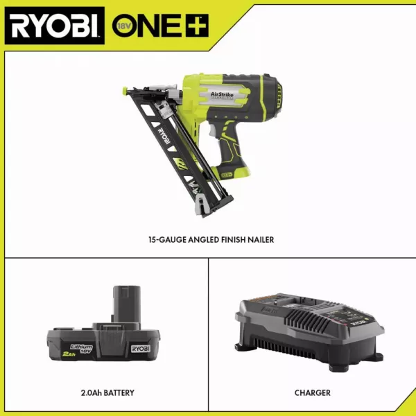 RYOBI 18-Volt ONE+ Lithium-Ion Cordless AirStrike 15-Gauge Angled Nailer Kit with ONE+ Lithium-Ion 2.0 Ah Battery and Charger