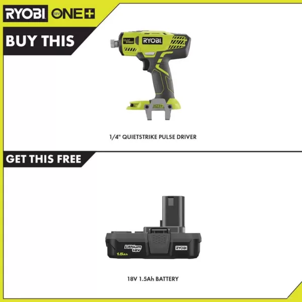 RYOBI 18-Volt ONE+ Cordless 1/4 in. Hex QuietSTRIKE Pulse Driver with 1.5 Ah Compact Lithium-Ion Battery