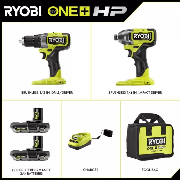 RYOBI ONE+ HP 18V Brushless Cordless 1/2 in. Drill/Driver and Impact Driver Kit with (2) 2.0 Ah Batteries, Charger, and Bag