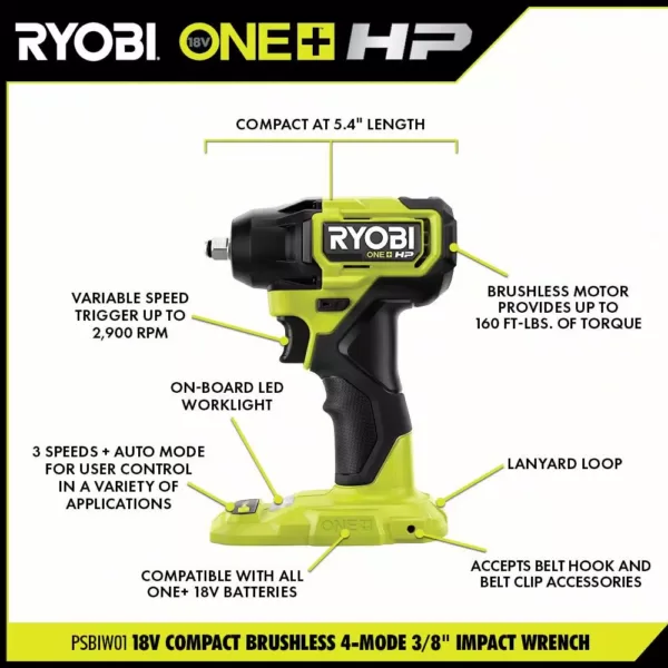 RYOBI ONE+ HP 18V Brushless Cordless Compact 3/8 in. Impact Wrench (Tool Only)