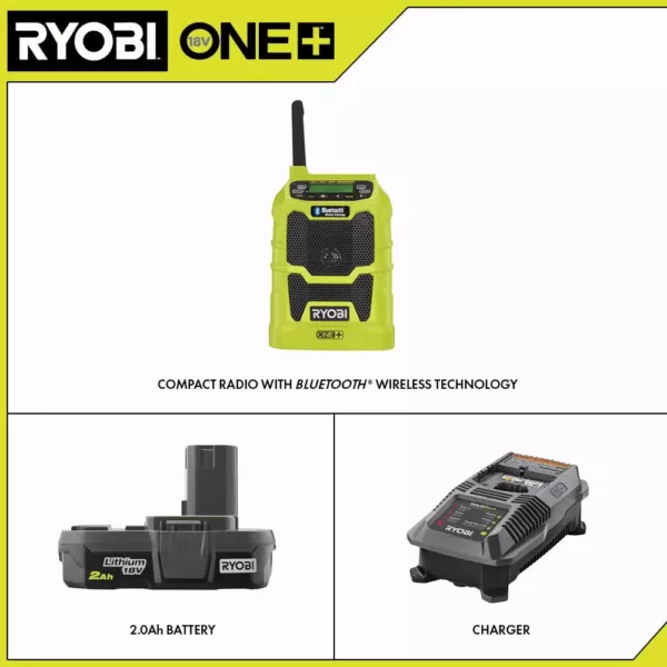 RYOBI 18-Volt ONE+ Cordless Compact Radio with Lithium-Ion 2.0 Ah Battery and Dual Chemistry IntelliPort Charger Kit