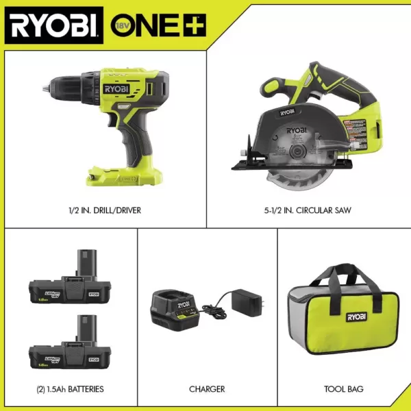 RYOBI 18-Volt ONE+ Lithium-Ion Cordless 2-Tool Combo Kit w/ Drill/Driver, Circular Saw, (2) 1.5 Ah Batteries, Charger, and Bag