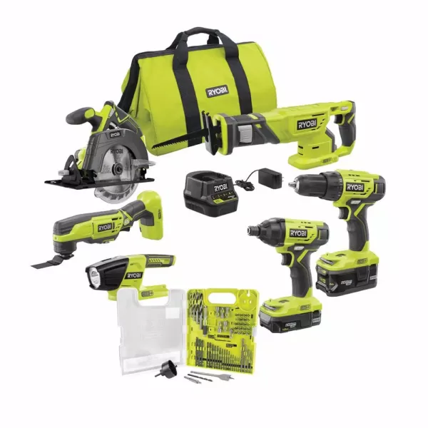 RYOBI 18-Volt ONE+ Cordless 6-Tool Combo Kit w/ (2) Batteries, Charger & Bag w/ BONUS Drill & Drive Kit (60-Piece)