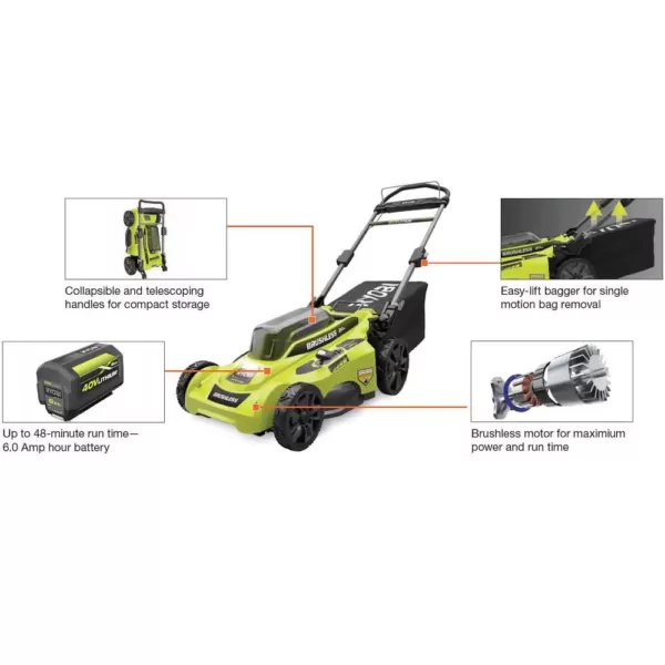 RYOBI 20 in. 40-Volt Brushless Lithium-Ion Cordless Battery Walk Behind Push Lawn Mower 6.0 Ah Battery/Charger Included